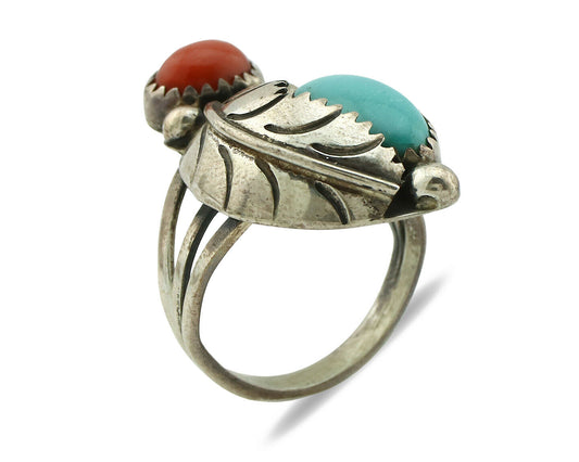 Navajo Ring .925 Silver Turquoise & Coral Native American Artist C.1980's