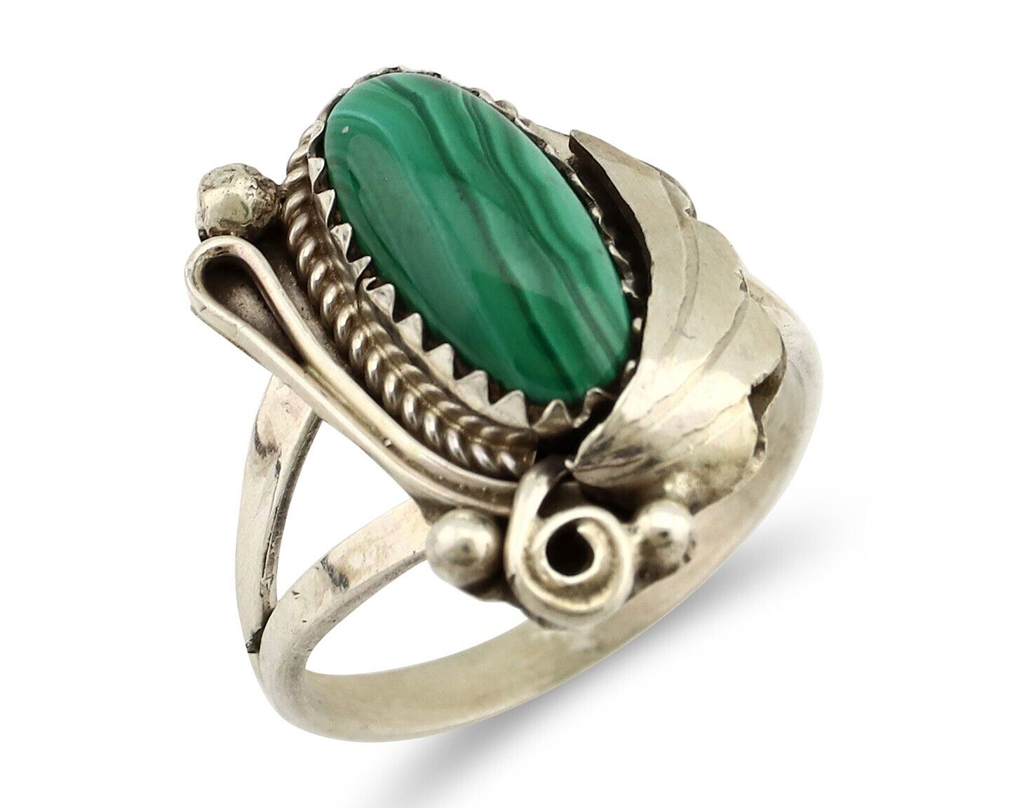 Navajo Ring 925 Silver Natural Malachite Artist Signed Justin Morris C.80's