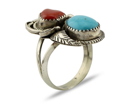 Navajo Ring 925 Silver Blue Turquiose & Coral Artist Signed Justin Morris C.80's