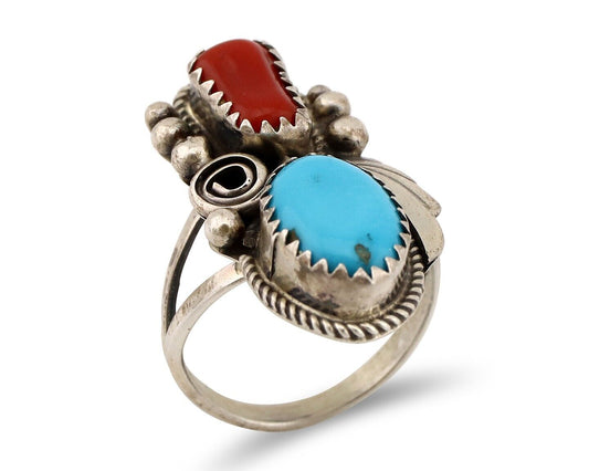Navajo Ring 925 Silver Blue Turquiose & Mediterranean Coral Native Artist C.80's