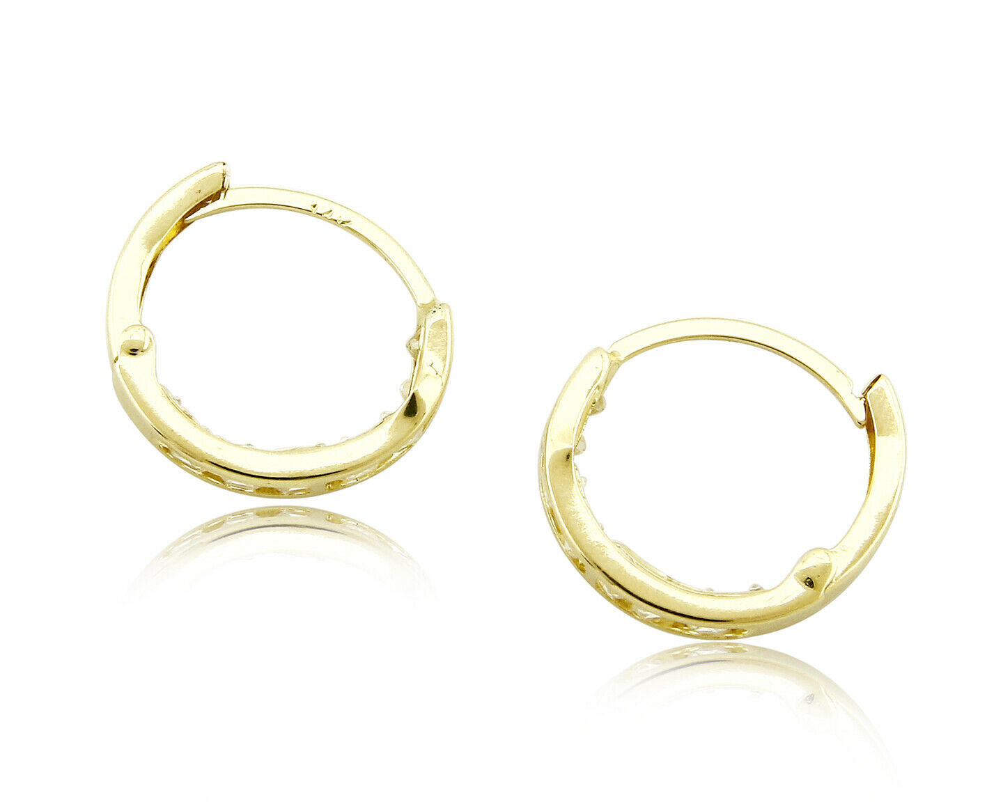 14k Solid Yellow Gold Huggie Earrings 3mm x 16mm Hoop Earrings With CZ