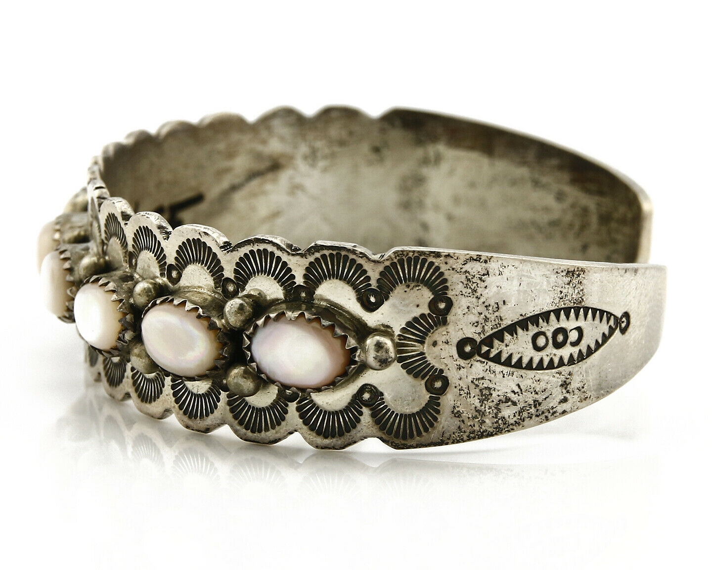 Women's Navajo Bracelet .925 Silver Natural Pink Mussel Cuff Signed Carlos C80's