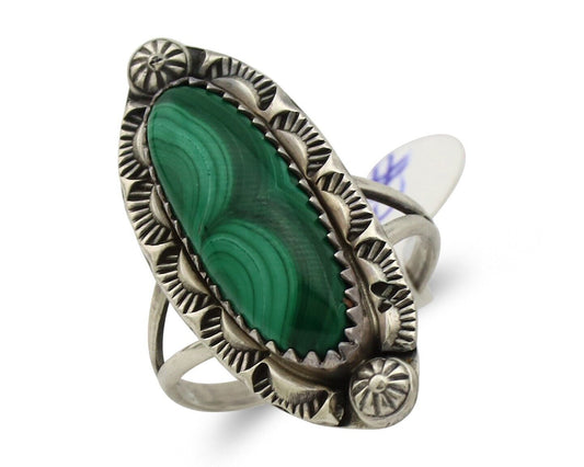 Navajo Ring .925 Silver Malachite Hand Stamped Signed Herman Lee C.80's