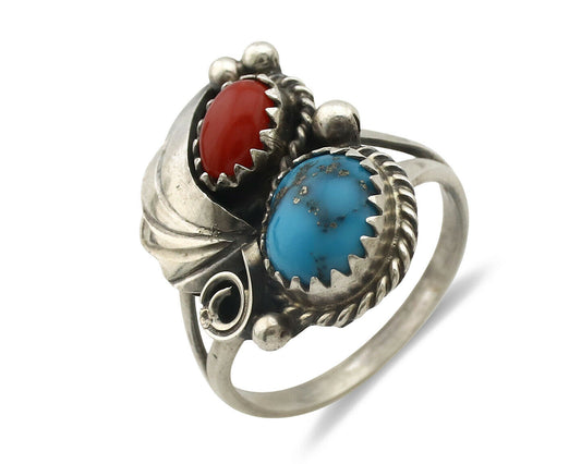 Navajo Ring .925 Silver Morenci Turquoise & Coral Native Artist Signed JM C.80's