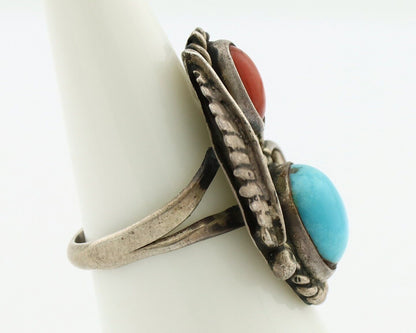 Navajo Handmade Ring 925 Silver Turquiose & Coral Native American Artist C.80's