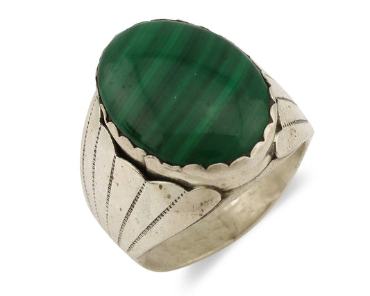 Navajo Ring .925 Silver Natural Green Malachite Artist Signed DL C.1980's