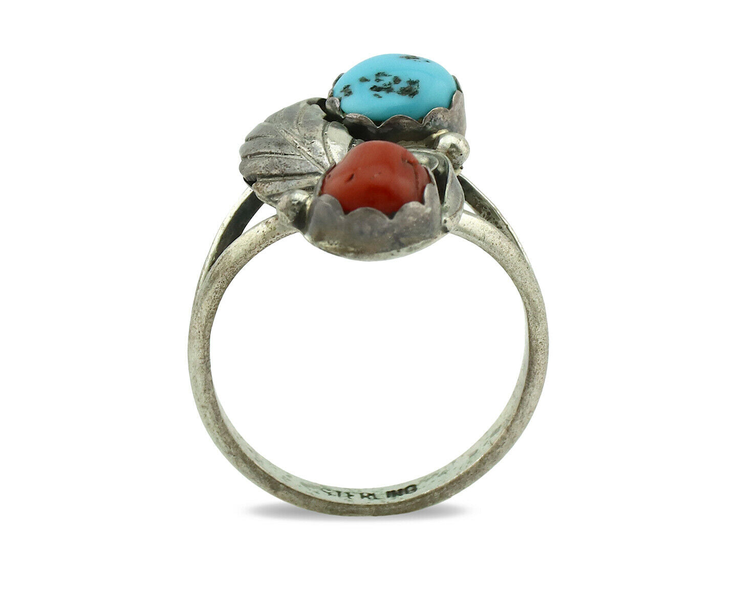 Navajo Ring .925 Silver Turquoise & Coral Native American Artist C.80's