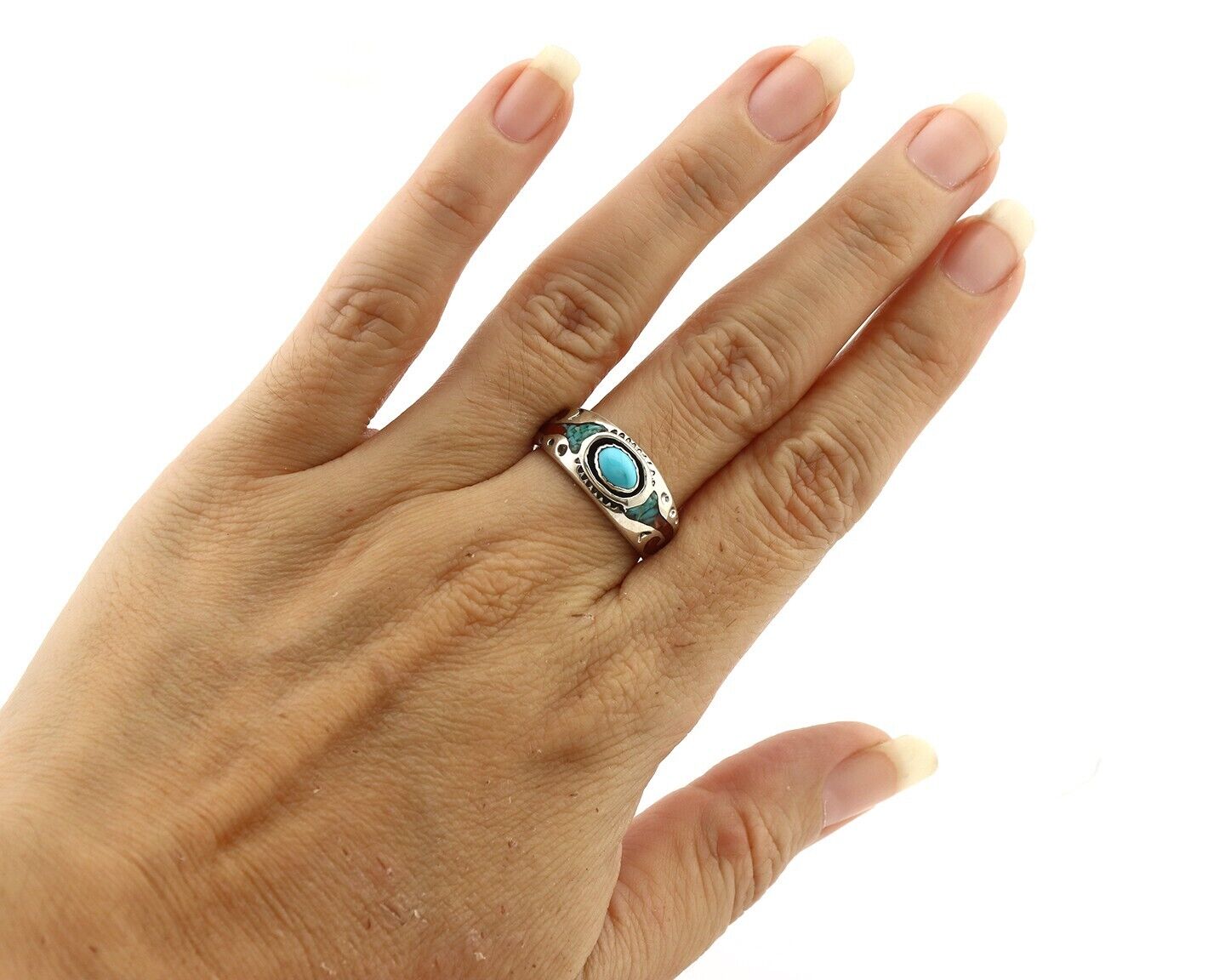 Navajo Handmade Ring 925 Silver Blue Turquoise & Coral Native American C.80's