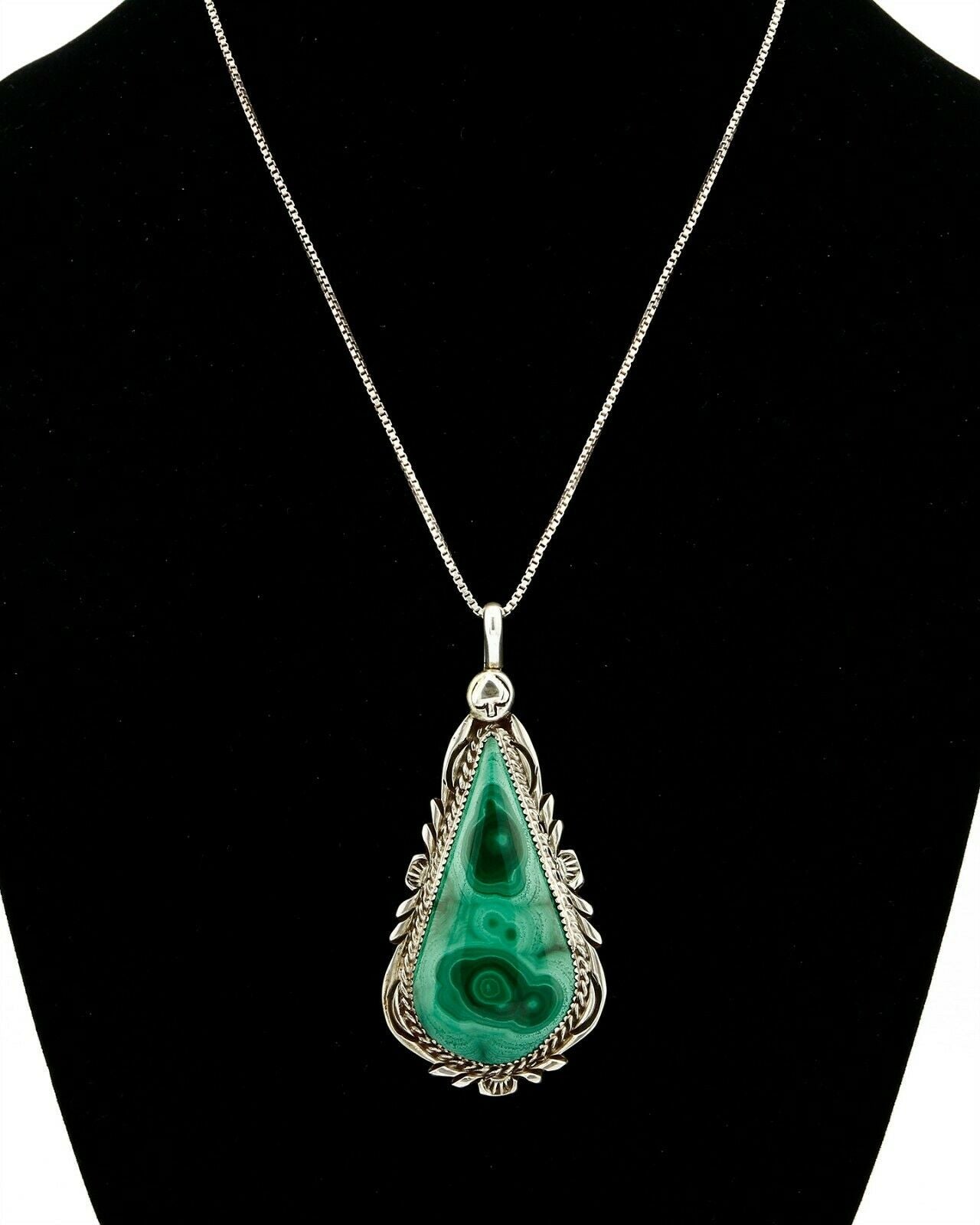 C.80-90's Navajo Billy Eagle .925 SOLID Silver Natural Mined Malachite Necklace