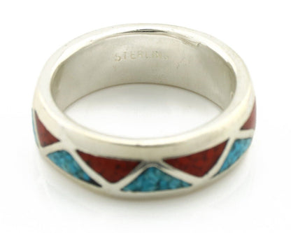 Navajo Chip Inlay Ring 925 Silver Sleeping Beauty Turquoise & Coral Silver Cloud