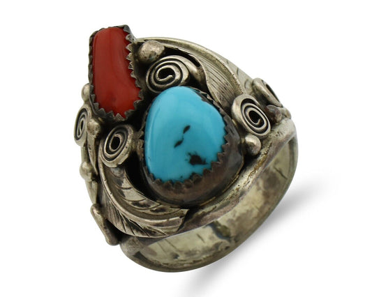 Navajo Ring 925 Silver Blue Turquiose & Coral Artist Signed PR C.80's