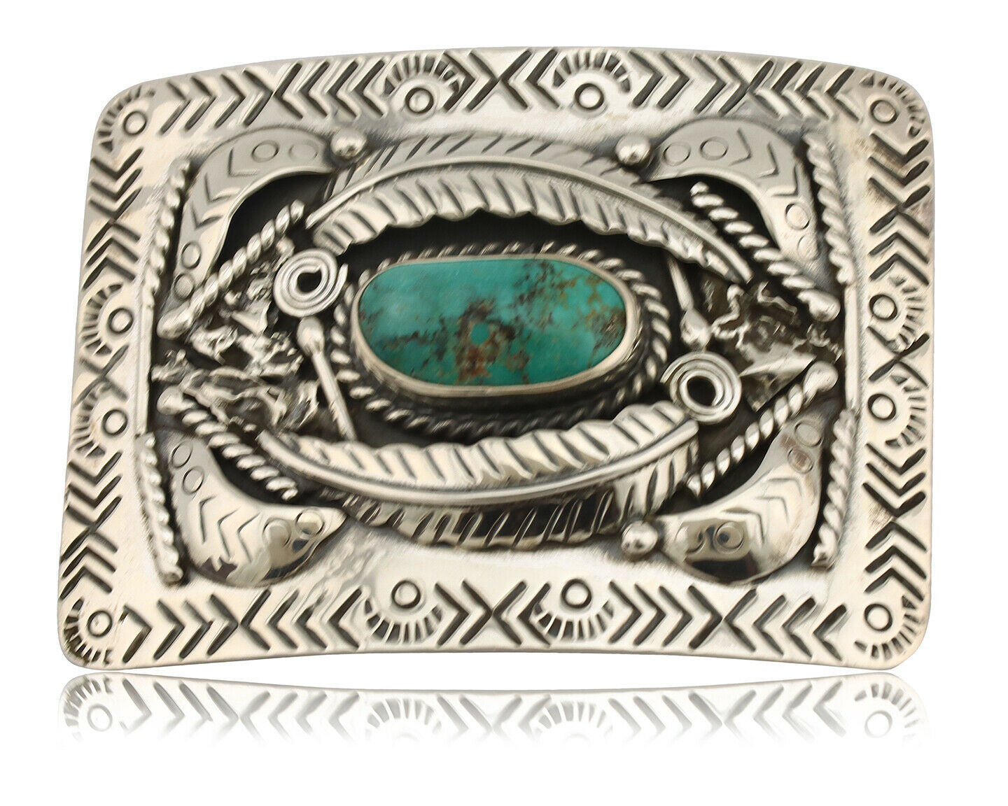 Navajo Belt Buckle .925 Silver Natural Mined Turquoise Artist Signed C.1980's