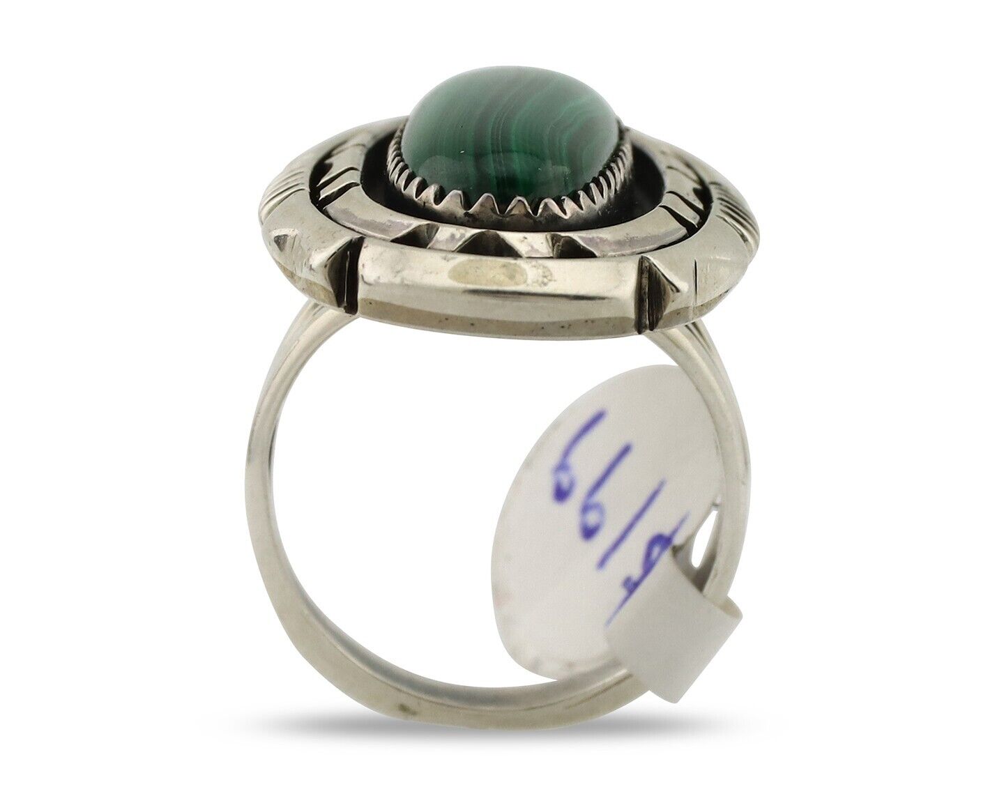 Navajo Ring .925 Silver Malachite Hand Stamped Signed William Denetdale C.80's