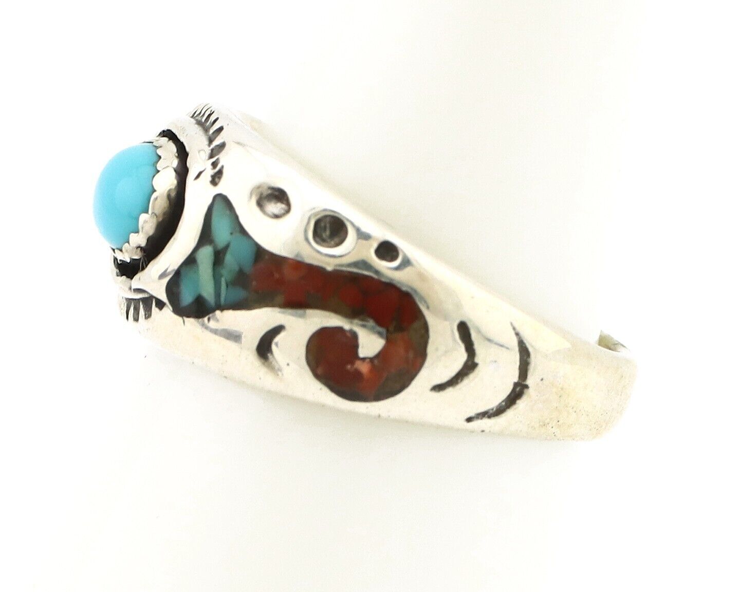 Navajo Handmade Ring 925 Silver Blue Turquoise & Coral Native American C.80's