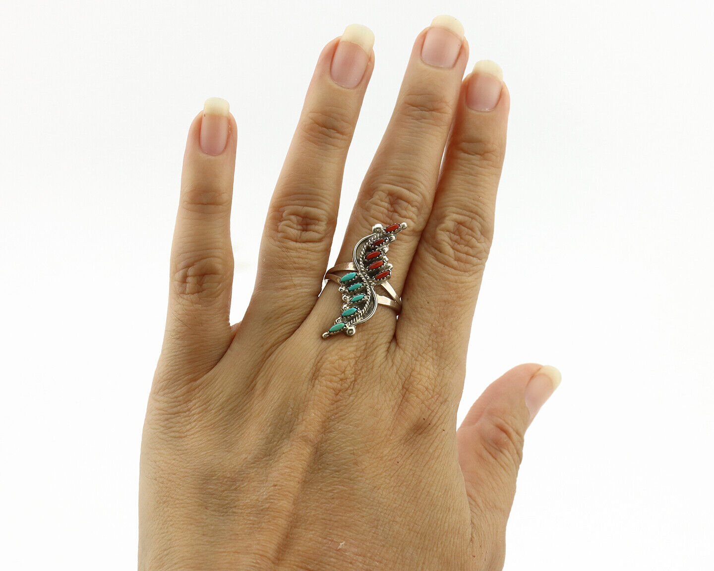 Zuni Ring 925 Silver Turquoise & Coral Handmade Native American Artist C.1980's