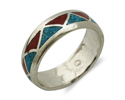 Navajo Chip Inlay Ring 925 Silver Sleeping Beauty Turquoise & Coral Silver Cloud