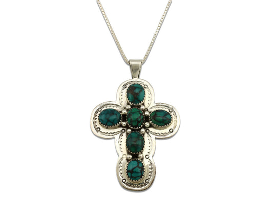 Navajo Cross Necklace .925 Silver Spiderweb Turquoise Native Artist C.80's