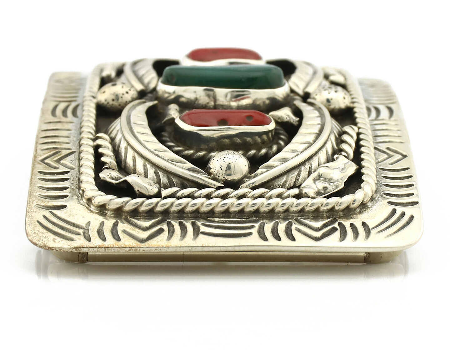 Navajo Belt Buckle .925 Silver Green Turquoise Coral Signed Teepee C.80's