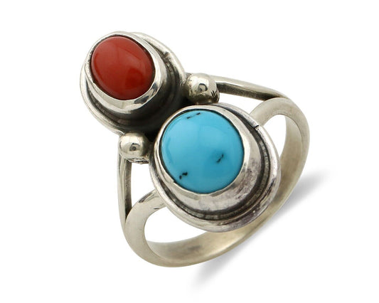 Navajo Inlay Band Ring 925 Silver Turquoise & Coral Native Artist C.80's