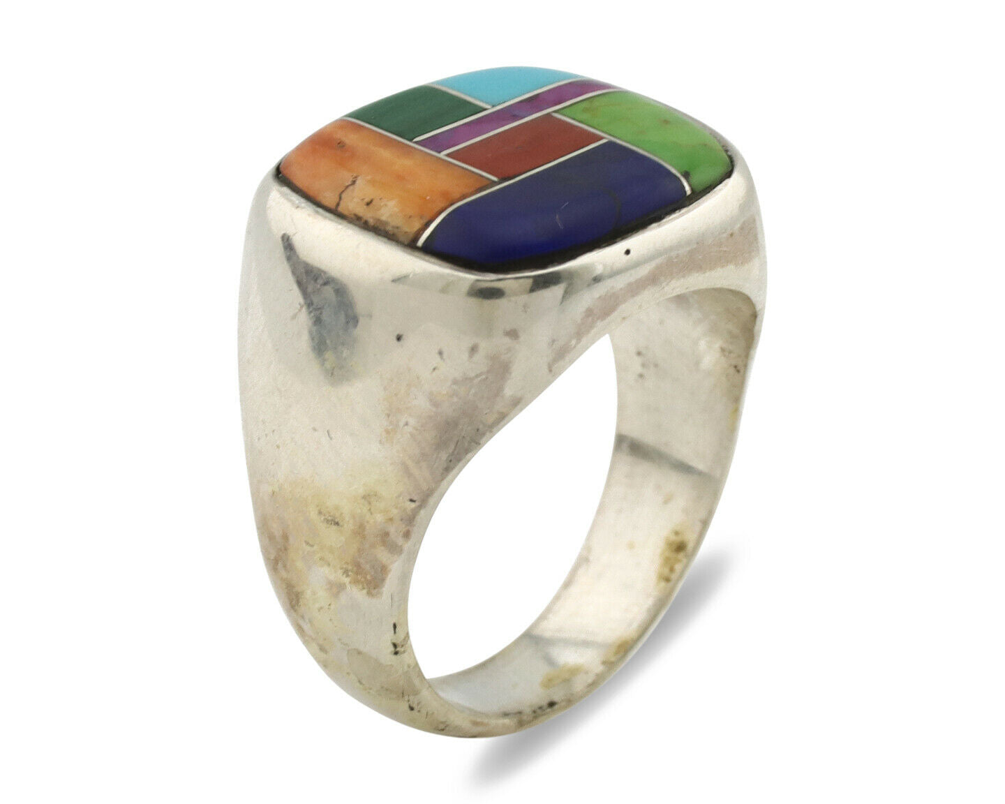 Navajo Inlaid Ring .925 Silver Gemstone Artist Native American C.1980's