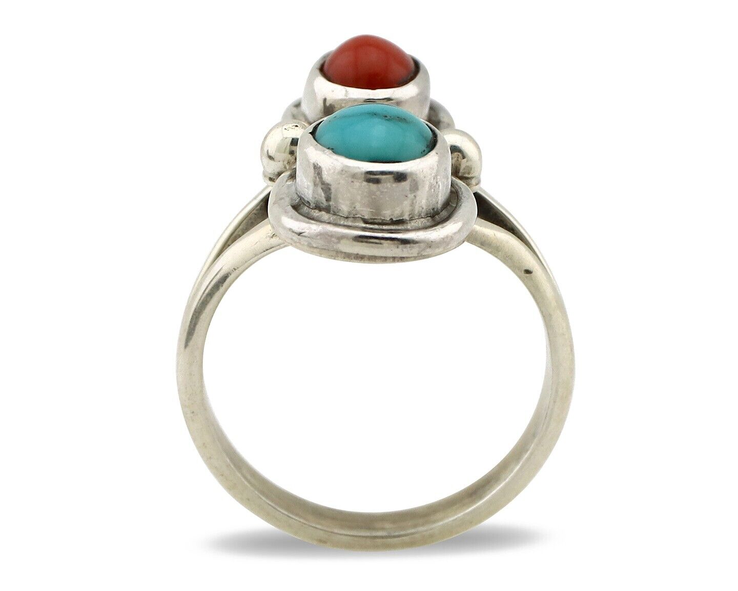 Navajo Handmade Ring 925 Silver Coral & Turquoise Native American Artist C.80's