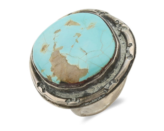 Navajo Ring .925 Silver Globe Turquoise Native American Artist C.1980's