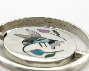 Navajo Bird Spinner Pendant .925 Siller Inlaid Gemstone Signed Baylor C.80's