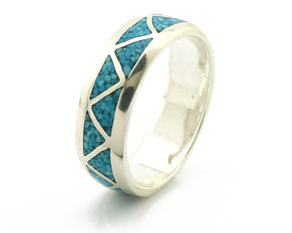 Navajo Chip Inlay Ring 925 Silver Sleeping Beauty Turquoise Artist Silver Cloud