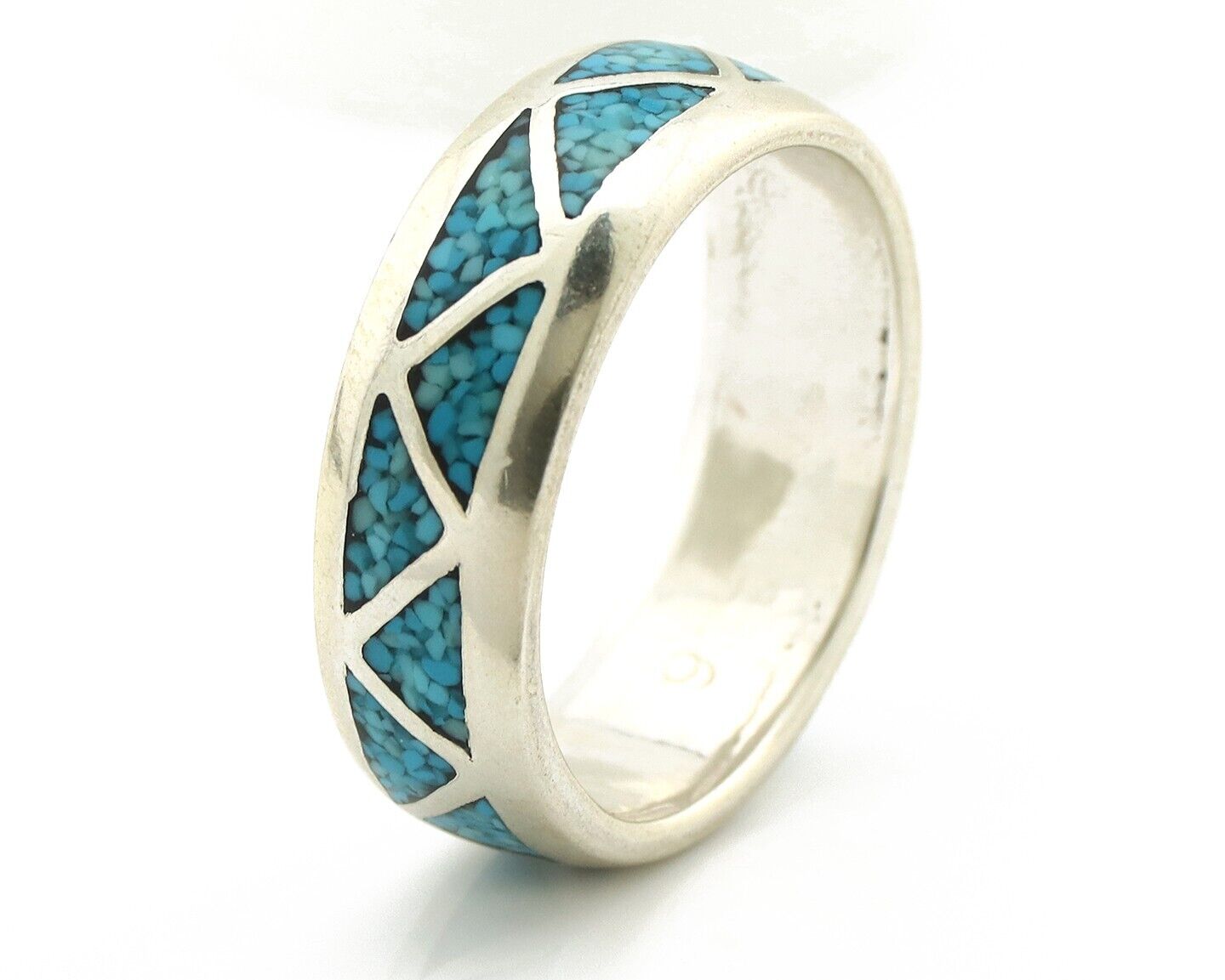 Navajo Chip Inlay Ring 925 Silver Sleeping Beauty Turquoise Artist Silver Cloud