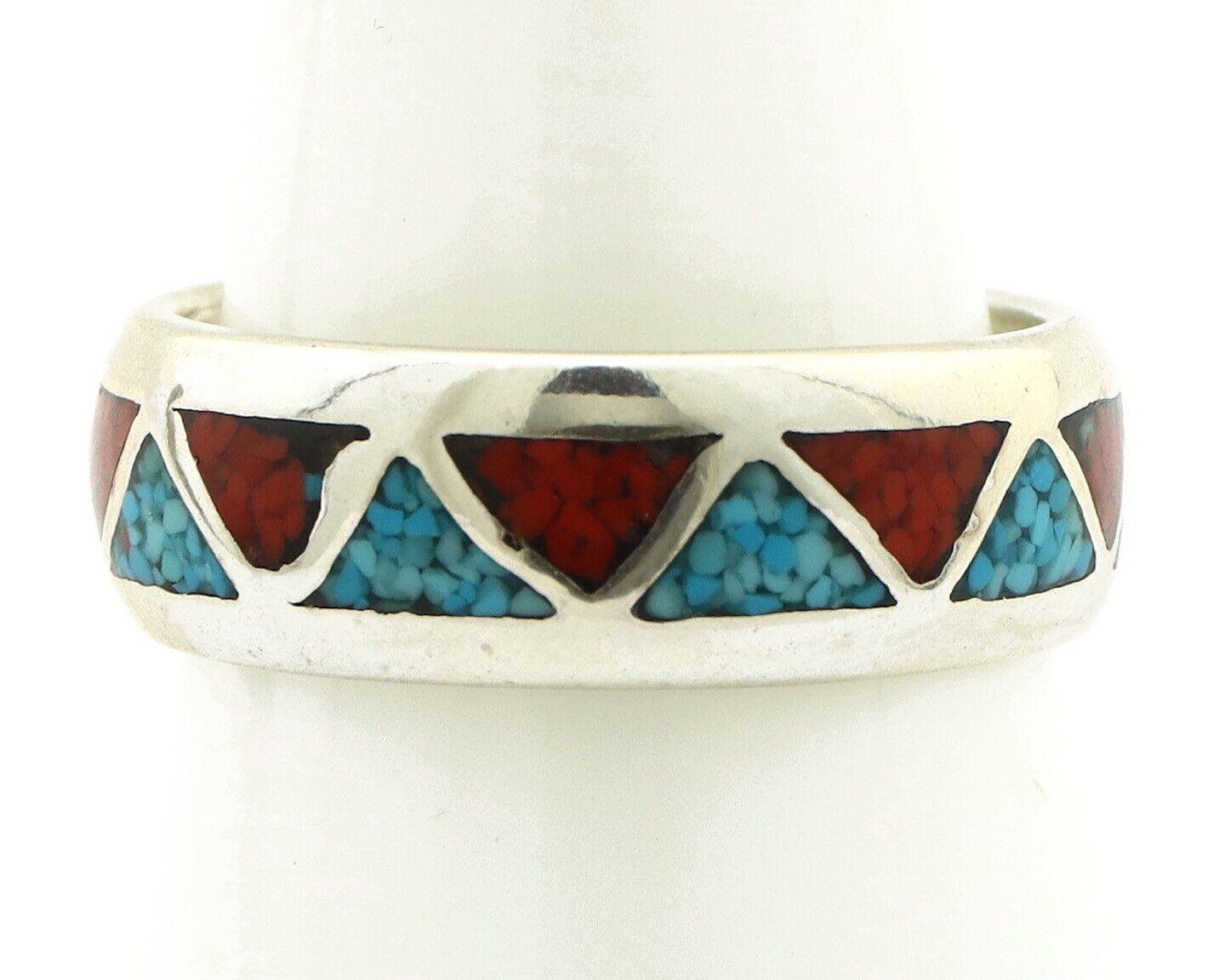 Navajo Chip Inlay Ring 925 Silver Sleeping Beauty Turquoise & Coral Silver Cloud