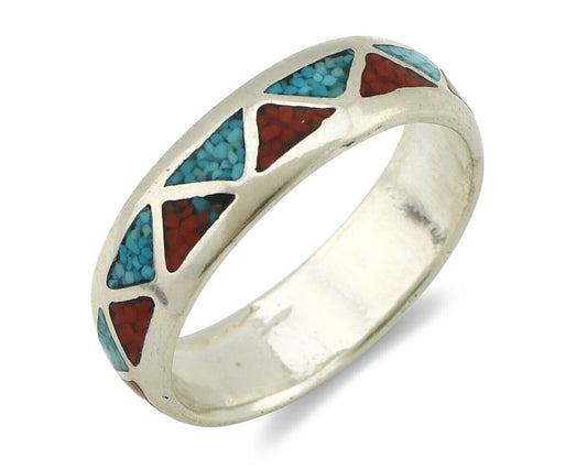 Navajo Ring 925 Silver Natural Turquoise & Coral Native American Artist C.80's