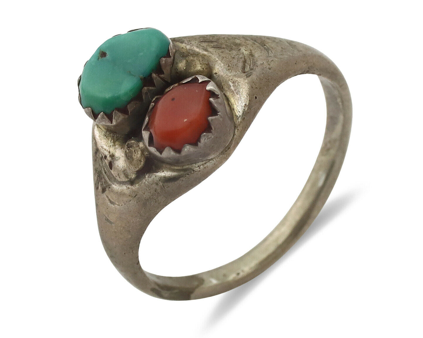 Zuni Ring .925 Silver Natural Turquoise & Coral Native American Artist C.1980's