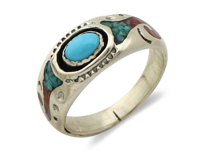 Navajo Inlay Band Ring 925 Silver Turquoise & Coral Native Artist C.80's