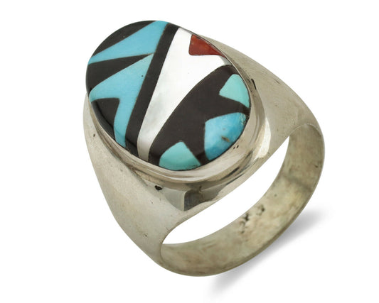 Zuni Inlaid Ring .925 Silver Gemstone Artist Richard & Geneva Terraza C.1980's