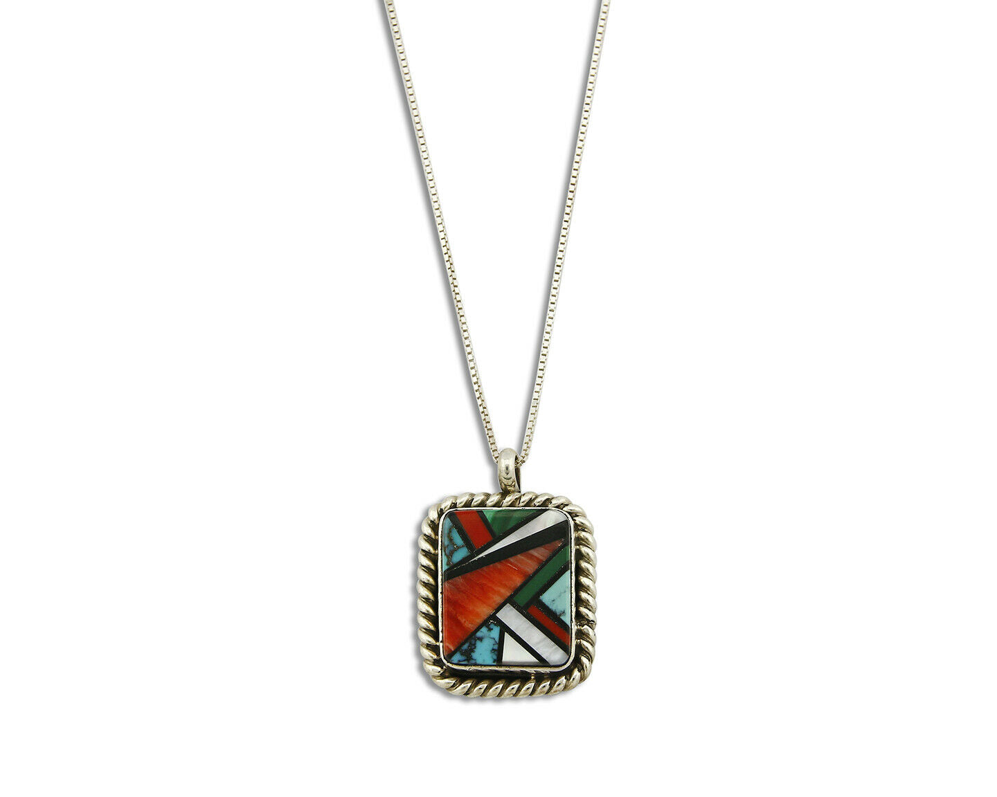 C.80-90's Navajo Doug Zachary .925 Silver Inlaid Gemstone Necklace