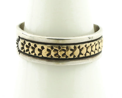 Navajo Ring 925 Silver & Solid 14k Yellow Gold Artist Signed E Hand Stamped C80s