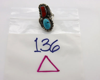Navajo Ring 925 Silver Blue Turquoise & Coral Signed Stanley Bain C.80's