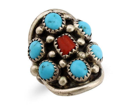 Navajo Ring 925 Silver Blue Turquiose & Coral Artist Signed Elgin Haskey C.80's