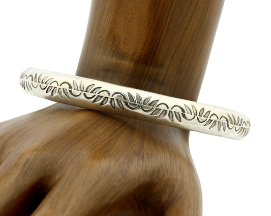 Navajo Bracelet .925 Silver 8.5 mm Wide Hand Stamped Signed Artist Abel Toledo