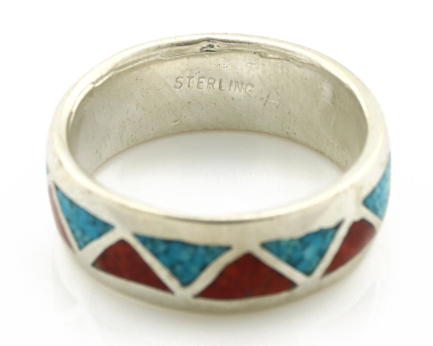 Navajo Chip Inlay Ring 925 Silver Sleeping Beauty Turquoise & Coral Silver Cloud