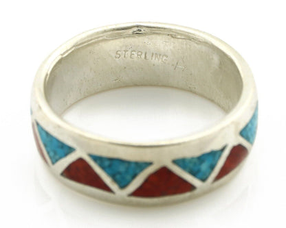 Navajo Chip Inlay Ring 925 Silver Sleeping Beauty Turquoise & Coral Silver Cloud