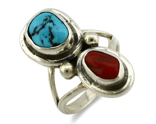 Navajo Ring .925 Silver Red Coral & Blue Turquoise Native Artist C.80's