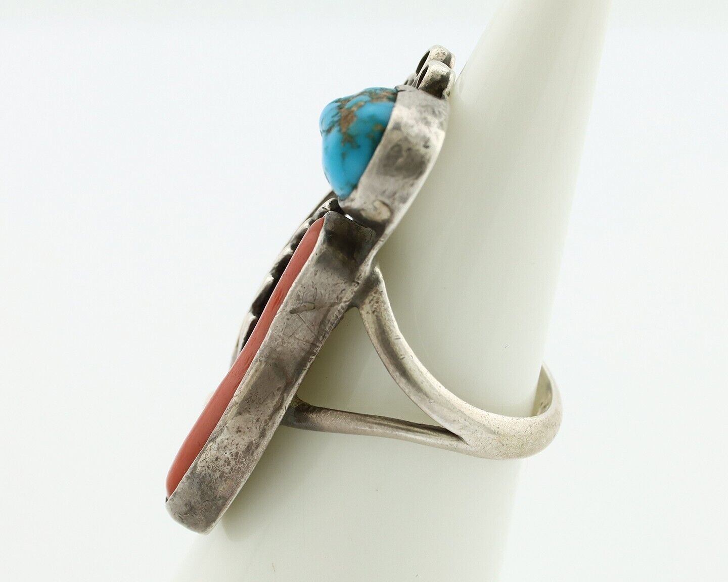 Navajo Handmade Ring 925 Silver Turquiose & Coral Native American Artist C.80's