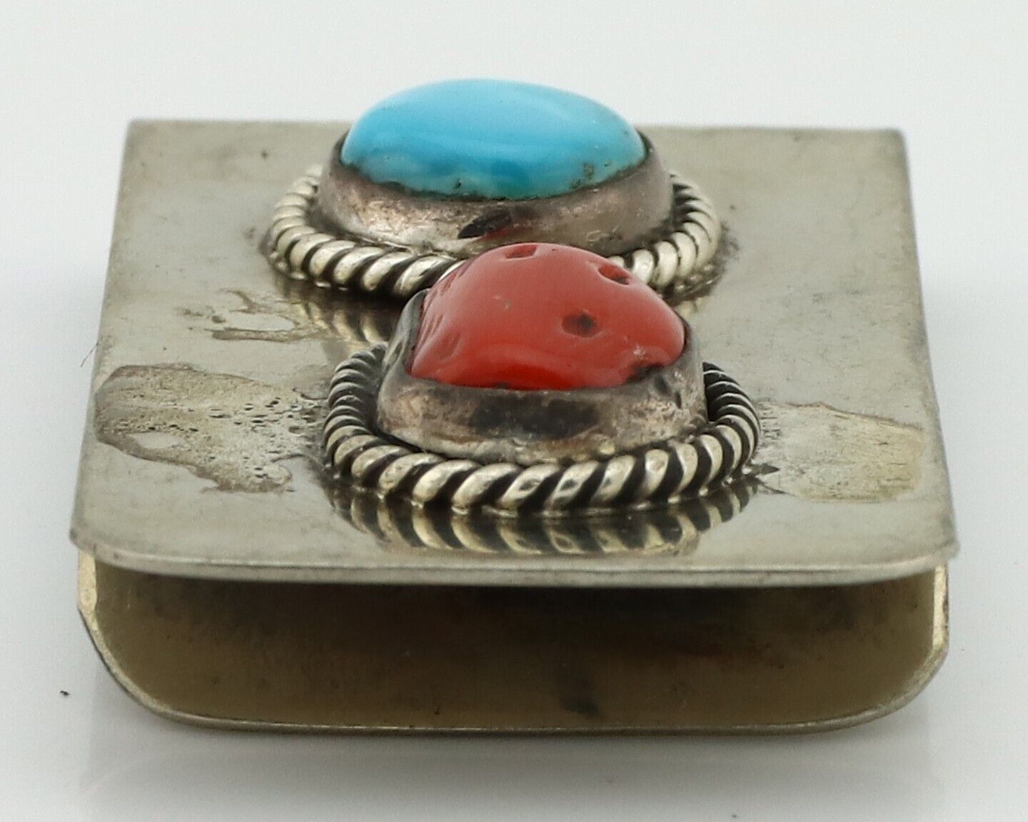 Navajo Money Clip 925 Silver & 999 Nickel Natural Turquoise & Coral Artist C80