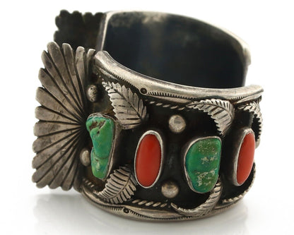 Navajo Cuff Watch Bracelet 925 Silver Green Turquoise Coral Native American C70s