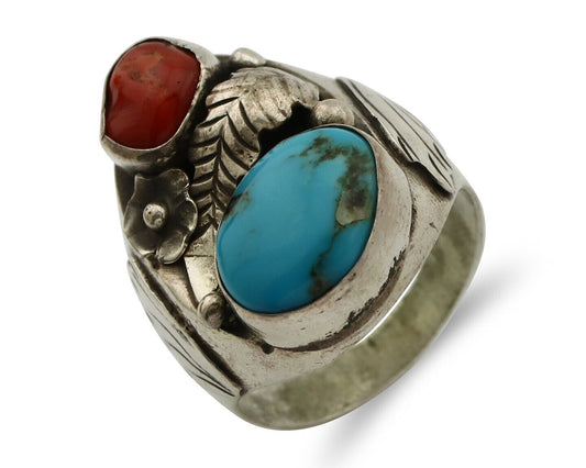 Navajo Ring 925 Silver Blue Turquiose & Mediterranean Coral Native Artist C.80's