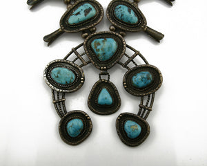 C.1950's Old Pawn Navajo Hand Stamped Bisbee Turquoise .925 Squash Necklace