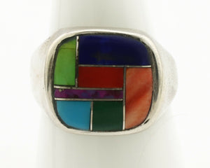 Navajo Inlaid Ring .925 Silver Gemstone Artist Native American C.1980's
