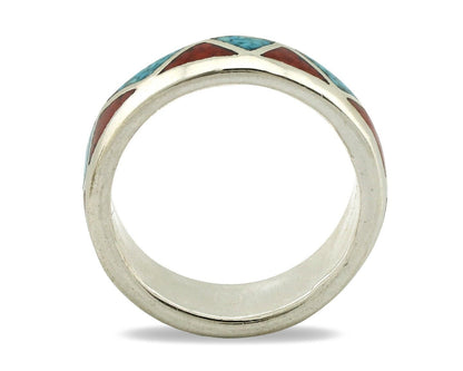 Navajo Chip Inlay Ring 925 Silver Sleeping Beauty Turquoise & Coral Silver Cloud