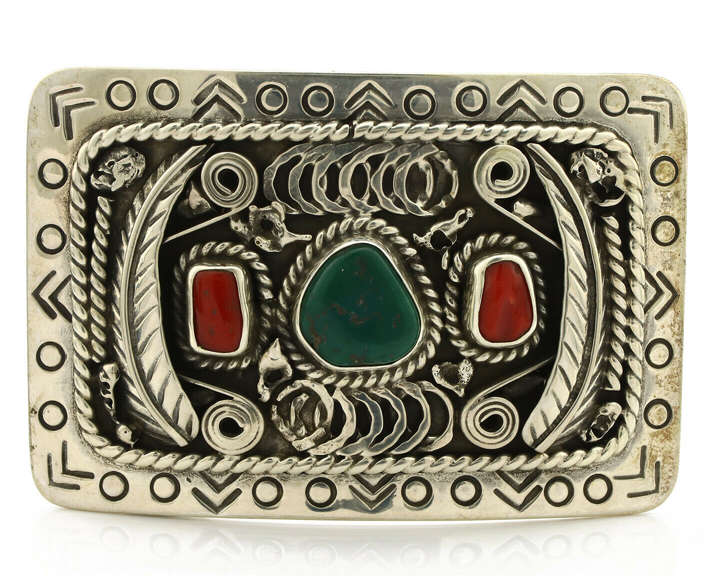 Navajo Belt Buckle .925 Silver Green Turquoise Coral Signed Teepee C.80's
